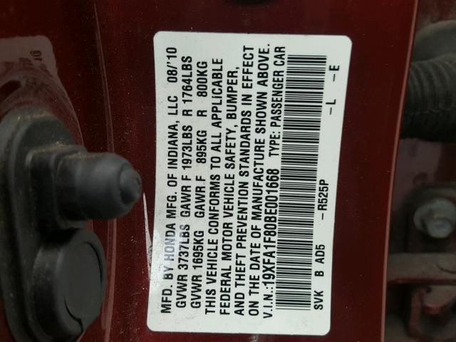 19XFA1F80BE001668 - 2011 HONDA CIVIC EX RED photo 10
