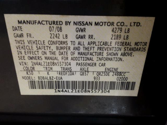 1N4AL21E08N557304 - 2008 NISSAN ALTIMA 2.5 GRAY photo 10