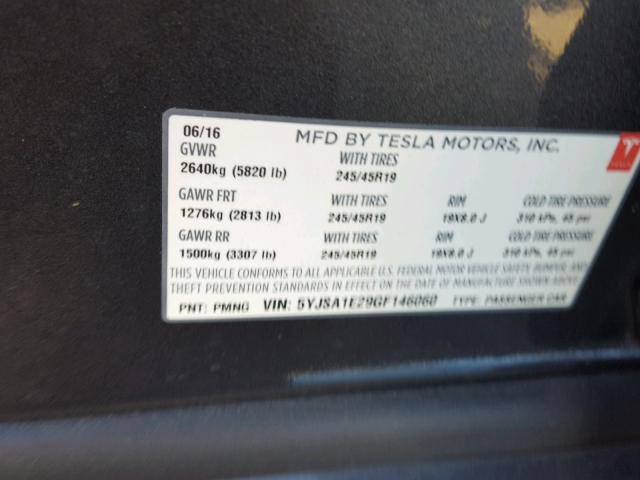 5YJSA1E29GF146060 - 2016 TESLA MODEL S GRAY photo 10