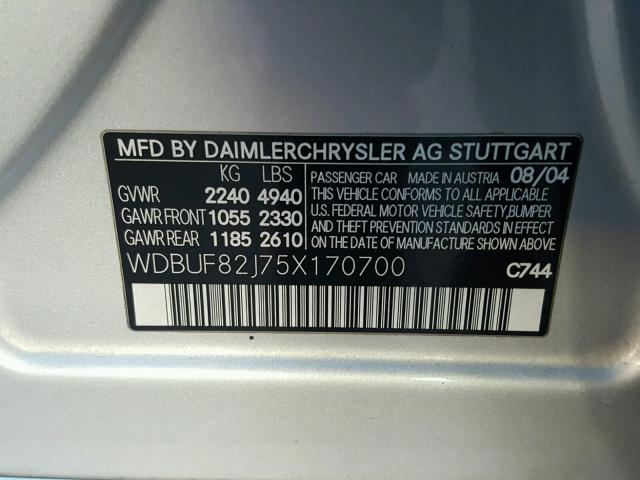 WDBUF82J75X170700 - 2005 MERCEDES-BENZ E 320 4MAT SILVER photo 10