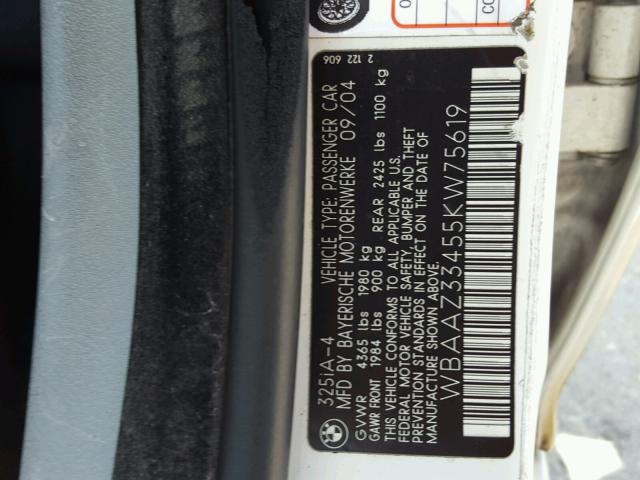 WBAAZ33455KW75619 - 2005 BMW 325 IS SUL WHITE photo 10