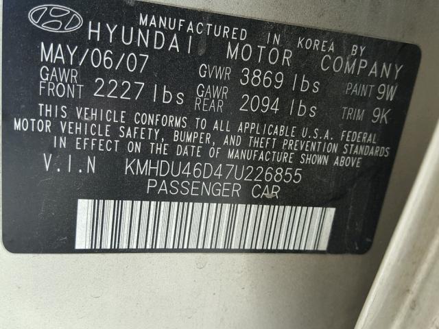 KMHDU46D47U226855 - 2007 HYUNDAI ELANTRA GL GOLD photo 10