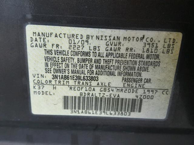 3N1AB61E39L633803 - 2009 NISSAN SENTRA 2.0 GRAY photo 10