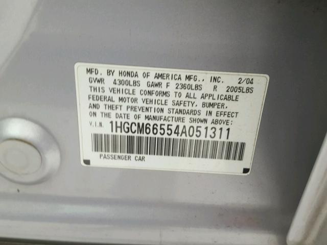 1HGCM66554A051311 - 2004 HONDA ACCORD EX SILVER photo 10