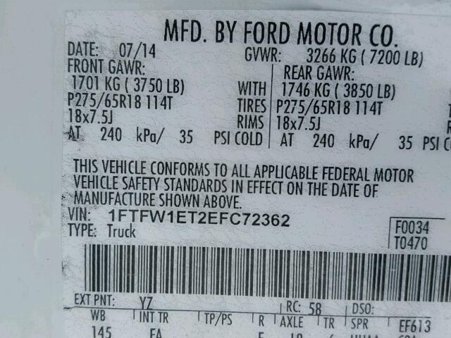 1FTFW1ET2EFC72362 - 2014 FORD F150 SUPER WHITE photo 10