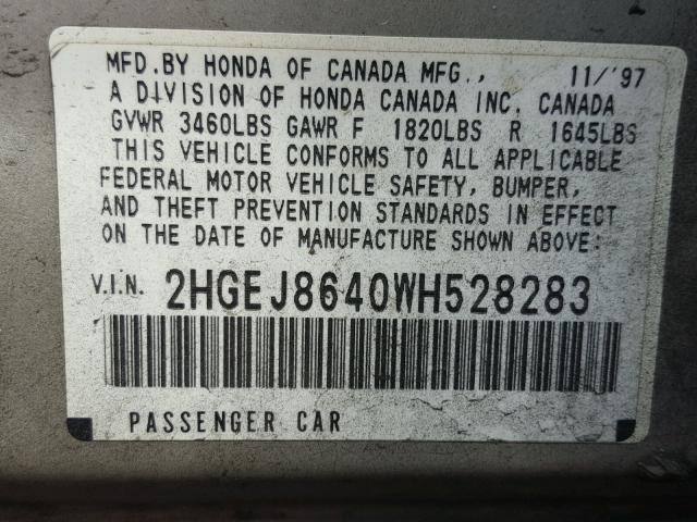 2HGEJ8640WH528283 - 1998 HONDA CIVIC EX SILVER photo 10