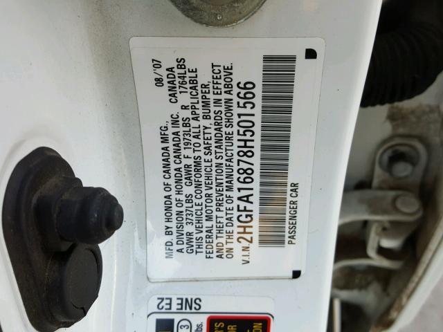 2HGFA16878H501566 - 2008 HONDA CIVIC EX WHITE photo 10