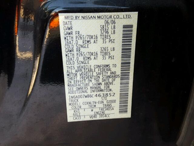 1N6AD07W86C463852 - 2006 NISSAN FRONTIER C BLACK photo 10