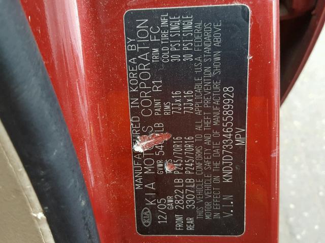 KNDJD733465589928 - 2006 KIA SORENTO EX RED photo 10