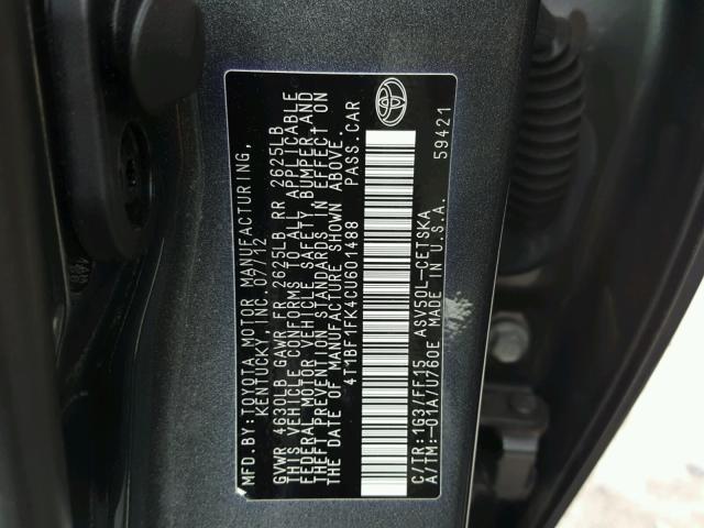 4T1BF1FK4CU601488 - 2012 TOYOTA CAMRY BASE GRAY photo 10