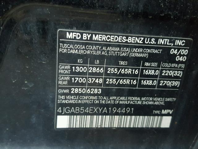 4JGAB54EXYA194491 - 2000 MERCEDES-BENZ ML 320 BLACK photo 10