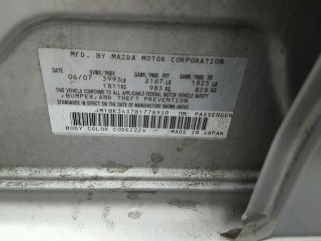 JM1BK343781778939 - 2008 MAZDA 3 HATCHBAC SILVER photo 10