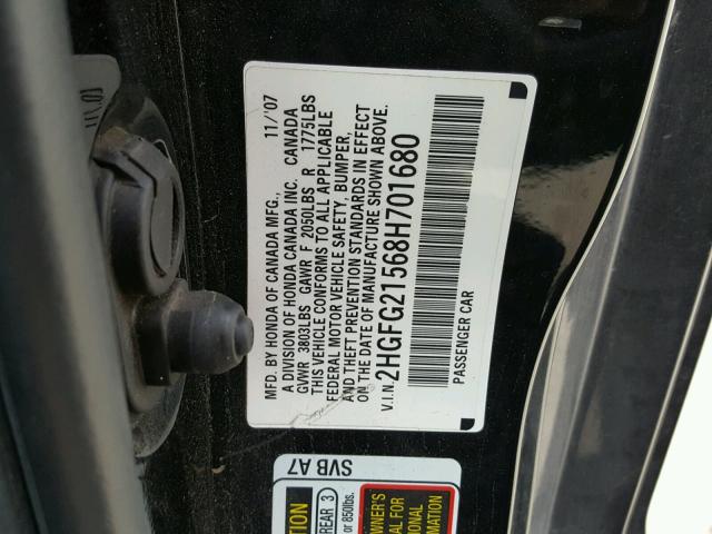 2HGFG21568H701680 - 2008 HONDA CIVIC SI BLACK photo 10