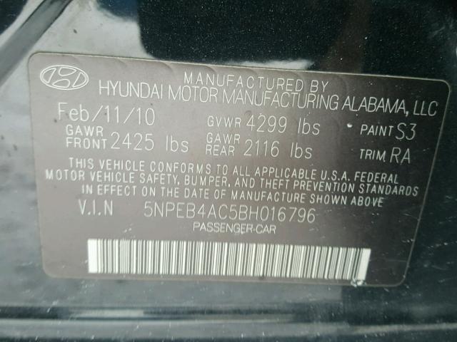 5NPEB4AC5BH016796 - 2011 HYUNDAI SONATA GLS BLACK photo 10