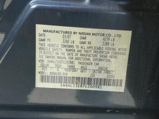 1N4AL21E87C200981 - 2007 NISSAN ALTIMA 2.5 GRAY photo 10