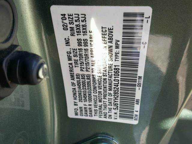 5J6YH28524L010681 - 2004 HONDA ELEMENT EX GREEN photo 10