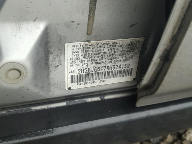 2HGEJ6617XH524159 - 1999 HONDA CIVIC BASE SILVER photo 10