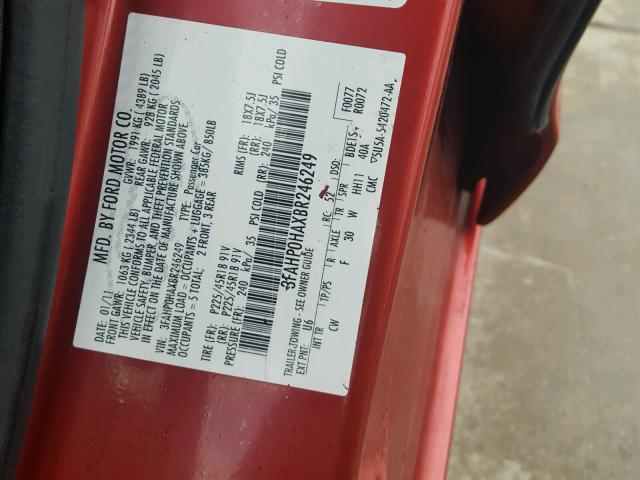 3FAHP0HAXBR246249 - 2011 FORD FUSION SE RED photo 10