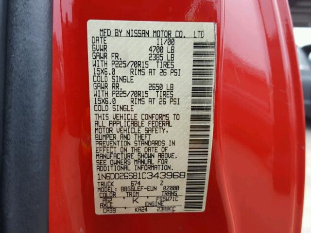 1N6DD26S81C343968 - 2001 NISSAN FRONTIER K RED photo 10