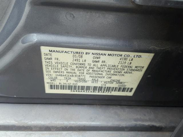 1N4BA41EX8C838771 - 2008 NISSAN MAXIMA SE GRAY photo 10