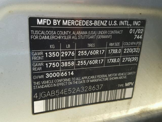 4JGAB54E52A328637 - 2002 MERCEDES-BENZ ML 320 SILVER photo 10