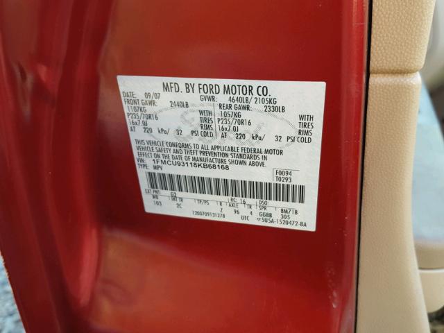 1FMCU93118KB68168 - 2008 FORD ESCAPE XLT RED photo 10