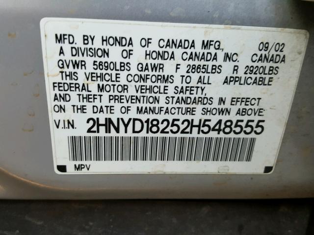 2HNYD18252H548555 - 2002 ACURA MDX SILVER photo 10