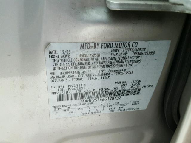 1FAHP25166G148137 - 2006 FORD FIVE HUNDR SILVER photo 10