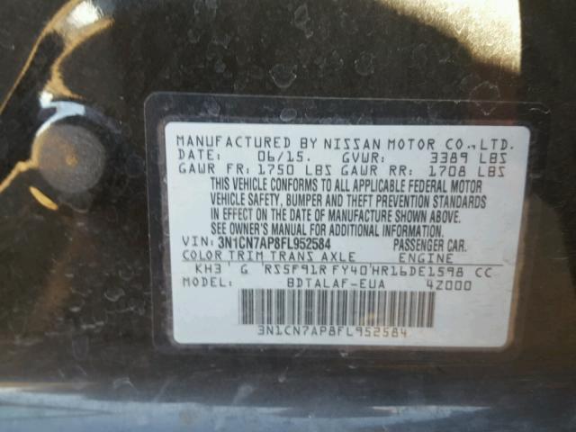 3N1CN7AP8FL952584 - 2015 NISSAN VERSA S BLACK photo 10