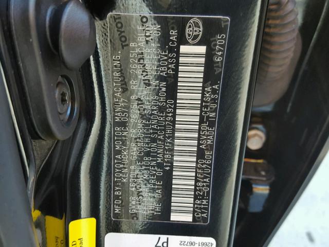 4T1BF1FK1HU794920 - 2017 TOYOTA CAMRY LE BLACK photo 10