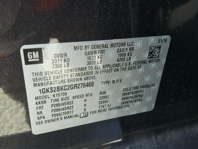 1GKS2BKC2GR276468 - 2016 GMC YUKON SLT CHARCOAL photo 10