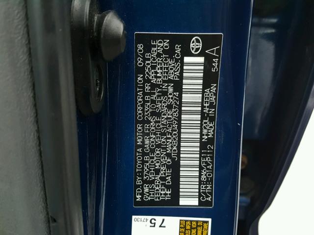 JTDKB20U497837274 - 2009 TOYOTA PRIUS BLUE photo 10