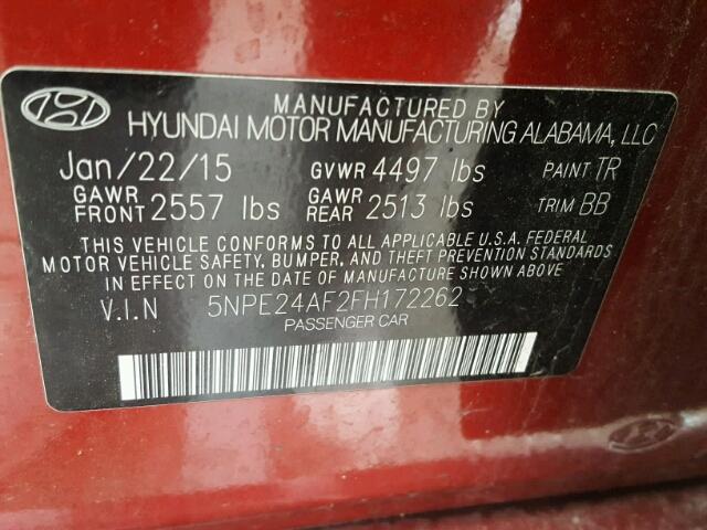 5NPE24AF2FH172262 - 2015 HYUNDAI SONATA SE RED photo 10