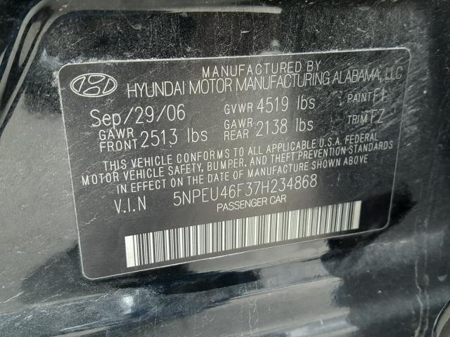 5NPEU46F37H234868 - 2007 HYUNDAI SONATA SE BLACK photo 10