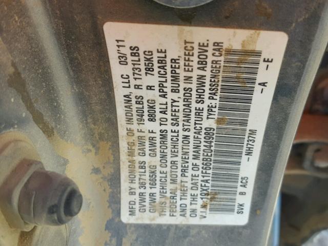 19XFA1F66BE044989 - 2011 HONDA CIVIC LX-S Արծաթագույն լուսանկար 10