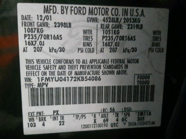 1FMYU04172KB54086 - 2002 FORD ESCAPE XLT GREEN photo 10