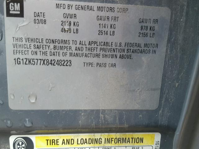 1G1ZK577X84248223 - 2008 CHEVROLET MALIBU LTZ ნაცრისფერი ფოტო 10