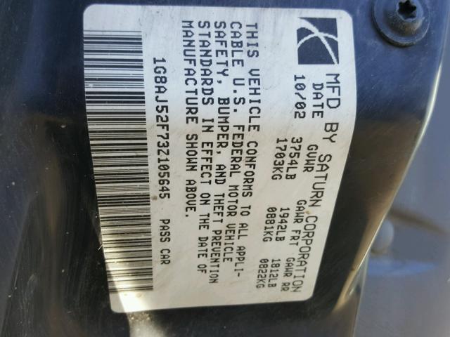 1G8AJ52F73Z105645 - 2003 SATURN ION LEVEL BLUE photo 10