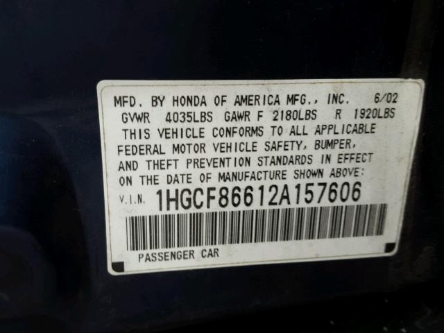 1HGCF86612A157606 - 2002 HONDA ACCORD VAL BLUE photo 10