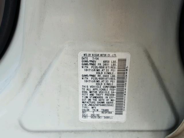 JN8AZ08T94W225582 - 2004 NISSAN MURANO SL WHITE photo 10