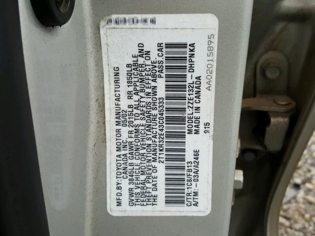 2T1KR32E43C045333 - 2003 TOYOTA COROLLA MA SILVER photo 10