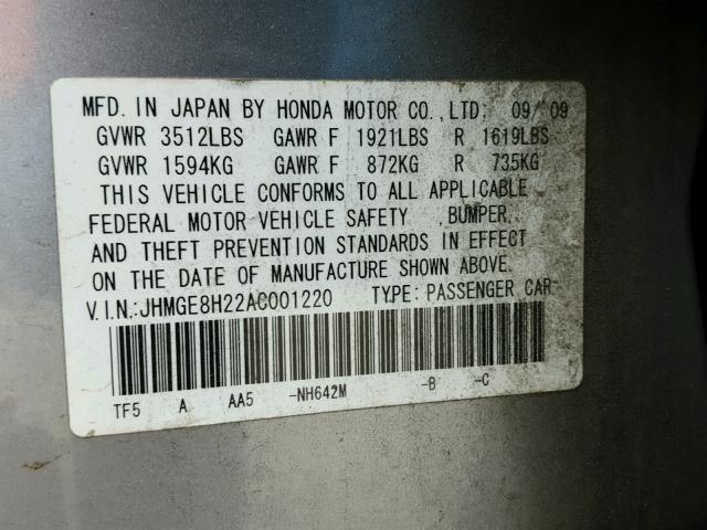 JHMGE8H22AC001220 - 2010 HONDA FIT SILVER photo 10