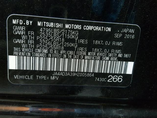 JA4AD3A39HZ005864 - 2017 MITSUBISHI OUTLANDER BLACK photo 10