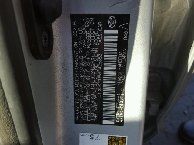 JTDKB20U983426653 - 2008 TOYOTA PRIUS SILVER photo 10