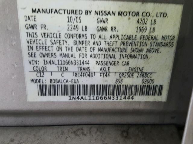 1N4AL11D66N331444 - 2006 NISSAN ALTIMA S BEIGE photo 10