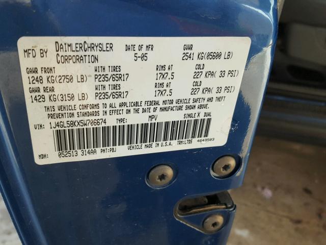 1J4GL58KX5W706674 - 2005 JEEP LIBERTY LI BLUE photo 10