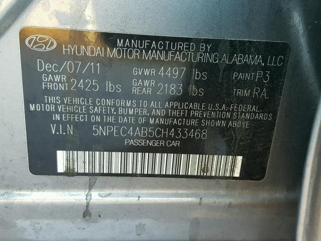 5NPEC4AB5CH433468 - 2012 HYUNDAI SONATA SE GRAY photo 10