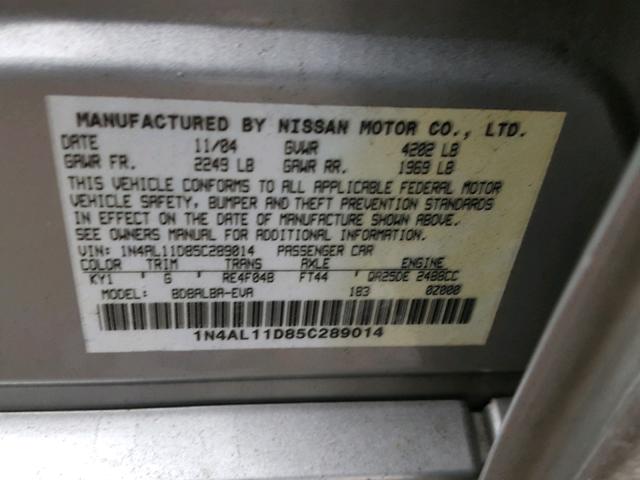 1N4AL11D85C289014 - 2005 NISSAN ALTIMA S GRAY photo 10