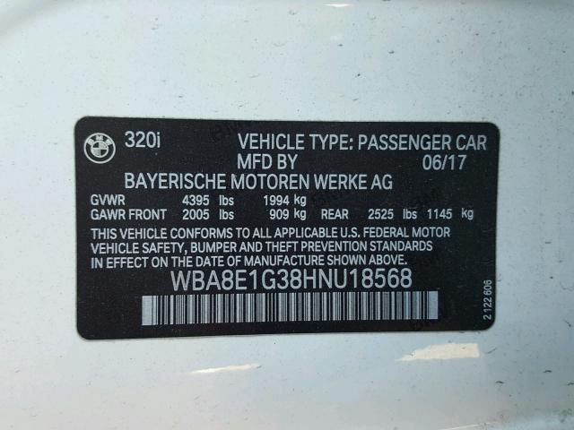 WBA8E1G38HNU18568 - 2017 BMW 320 I WHITE photo 10