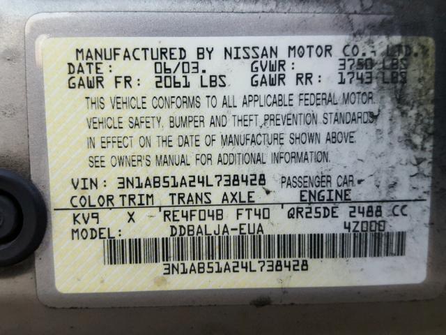 3N1AB51A24L738428 - 2004 NISSAN SENTRA 2.5 SILVER photo 10